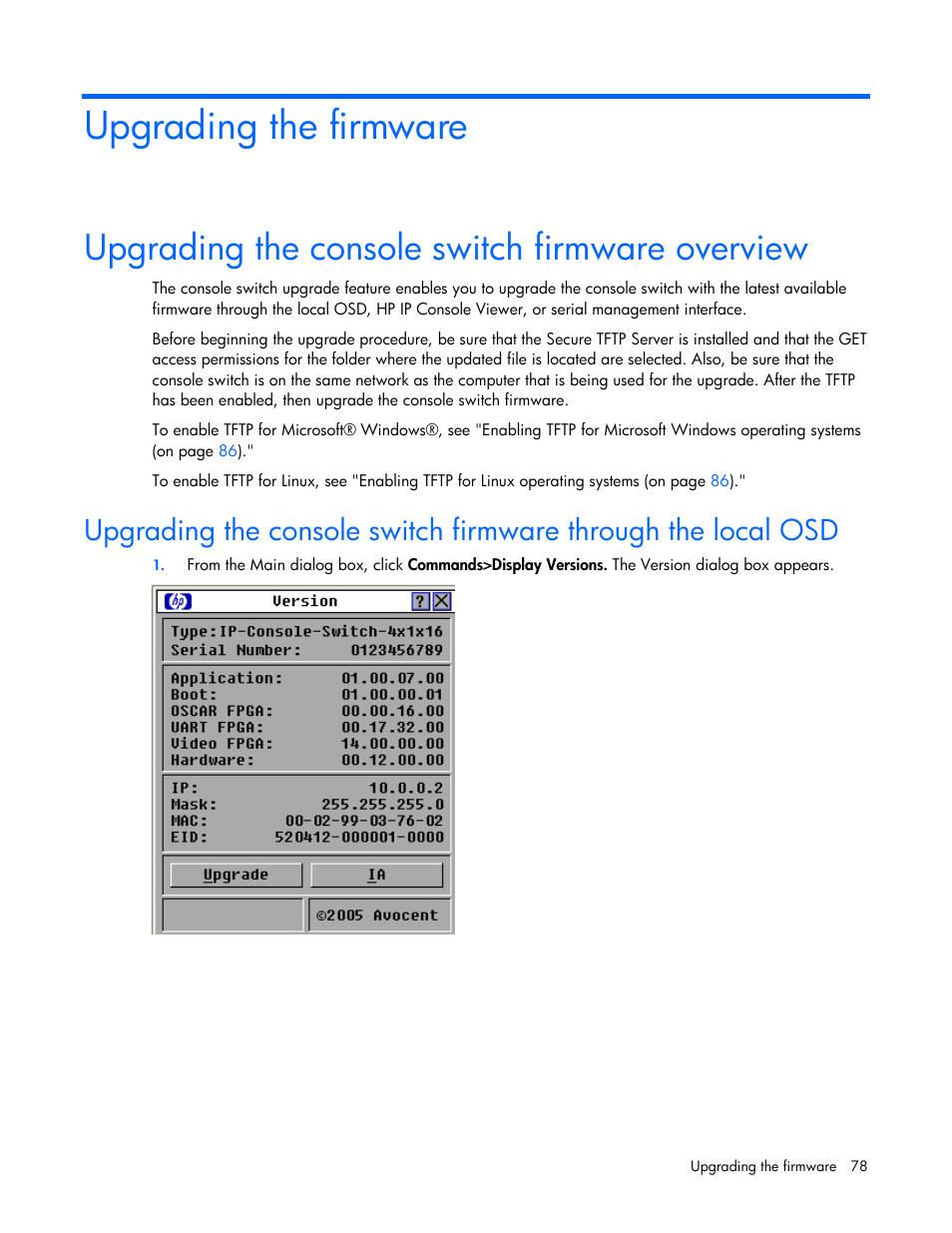 Upgrading the firmware, Upgrading the console switch firmware overview, Nsole switch and interface adapter firmware | HP 409054-003 User Manual | Page 78 / 105