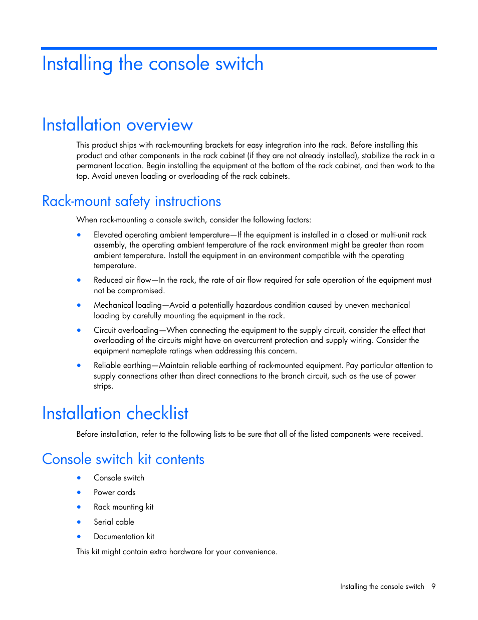 Installing the console switch, Installation overview, Rack-mount safety instructions | Installation checklist, Console switch kit contents | HP 409054-003 User Manual | Page 9 / 105
