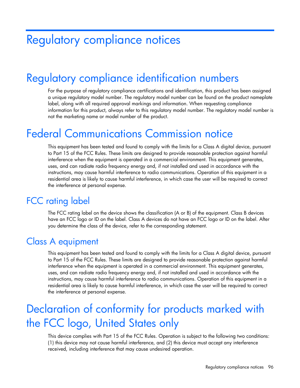 Regulatory compliance notices, Regulatory compliance identification numbers, Federal communications commission notice | Fcc rating label, Class a equipment | HP 409054-003 User Manual | Page 96 / 105