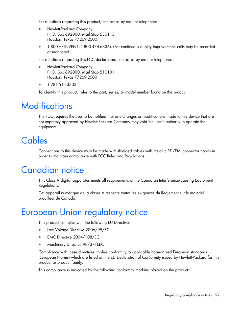 Modifications, Cables, Canadian notice | European union regulatory notice | HP 409054-003 User Manual | Page 97 / 105