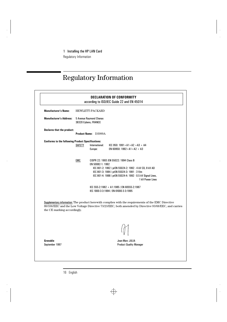 Regulatory information | HP 100TX NightDIRECTOR/100 User Manual | Page 24 / 121