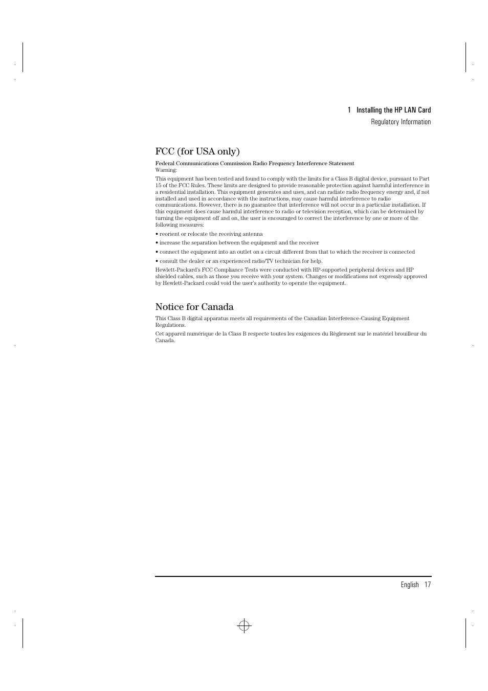 Fcc (for usa only), Notice for canada | HP 100TX NightDIRECTOR/100 User Manual | Page 25 / 121