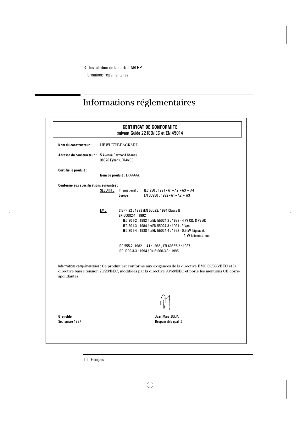 Informations réglementaires | HP 100TX NightDIRECTOR/100 User Manual | Page 70 / 121