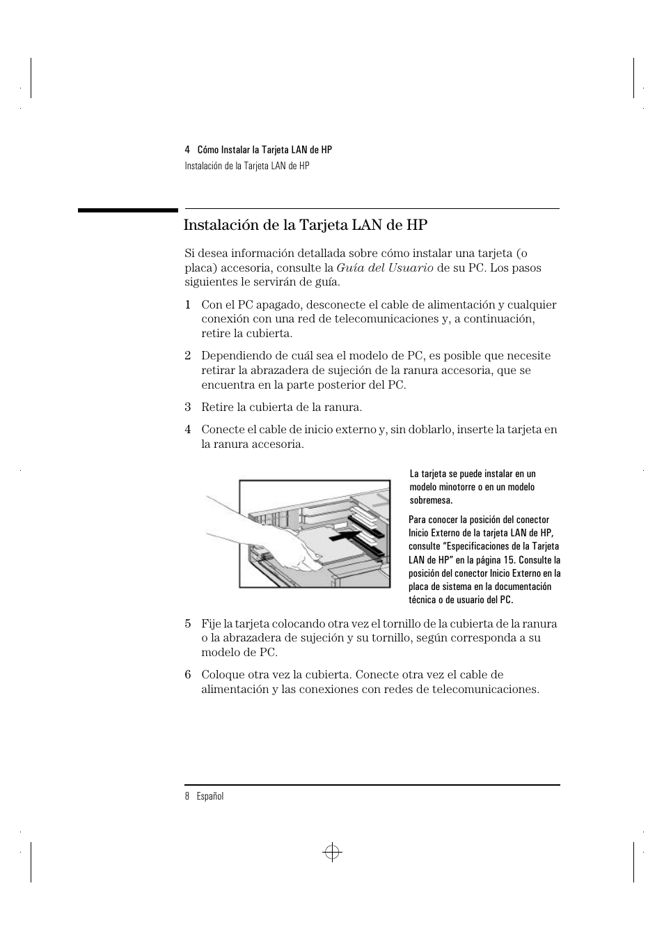 Instalación de la tarjeta lan de hp | HP 100TX NightDIRECTOR/100 User Manual | Page 84 / 121