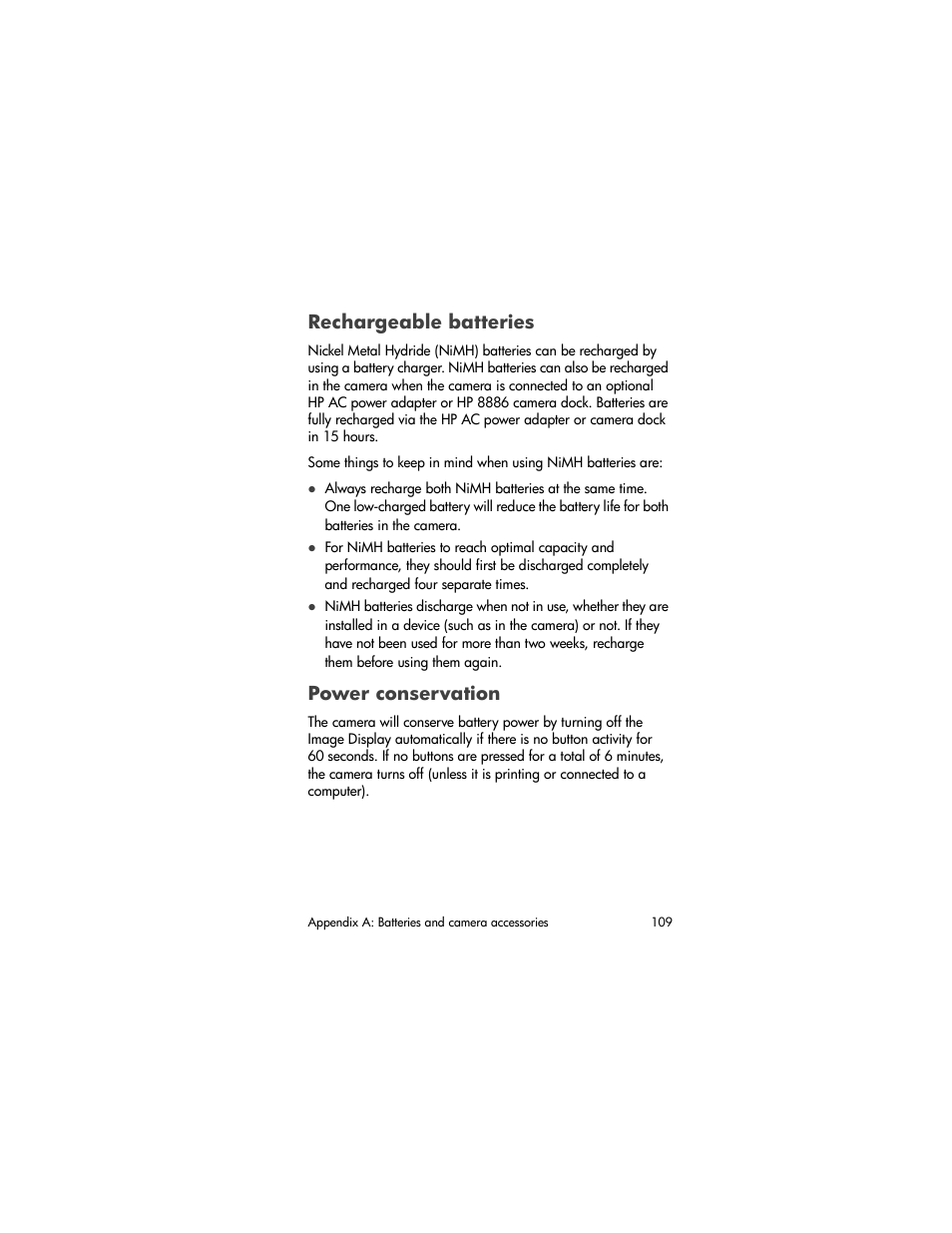 Rechargeable batteries, Power conservation | HP 630 series User Manual | Page 109 / 124