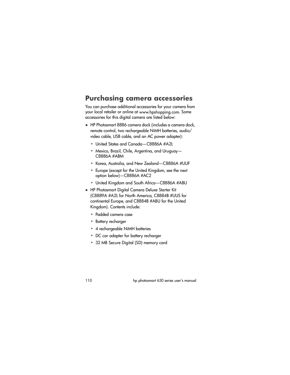 Purchasing camera accessories, Purchasing camera, Accessories | Purchasing, Camera accessories | HP 630 series User Manual | Page 110 / 124