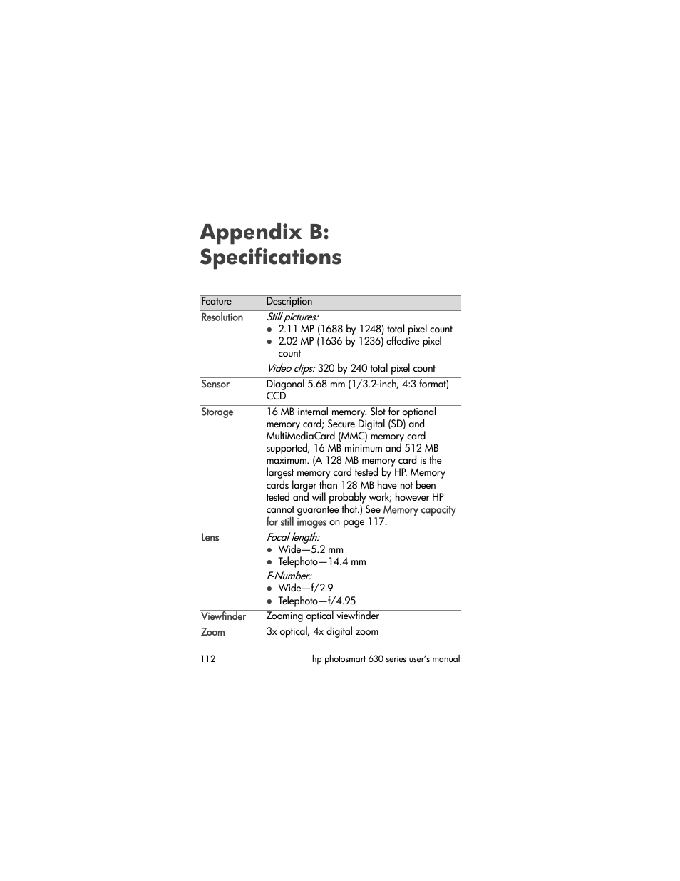 Appendix b: specifications | HP 630 series User Manual | Page 112 / 124