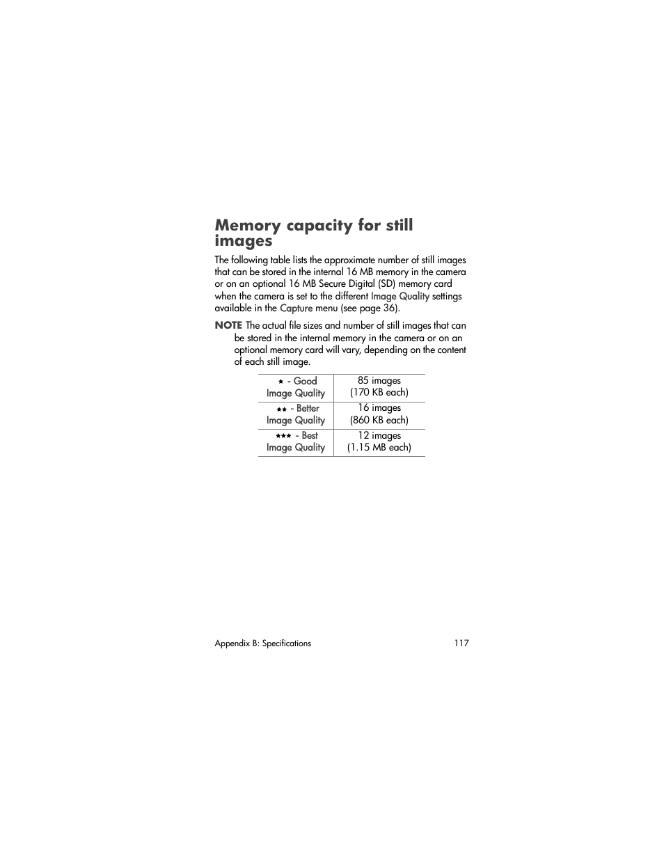 Memory capacity for still images | HP 630 series User Manual | Page 117 / 124