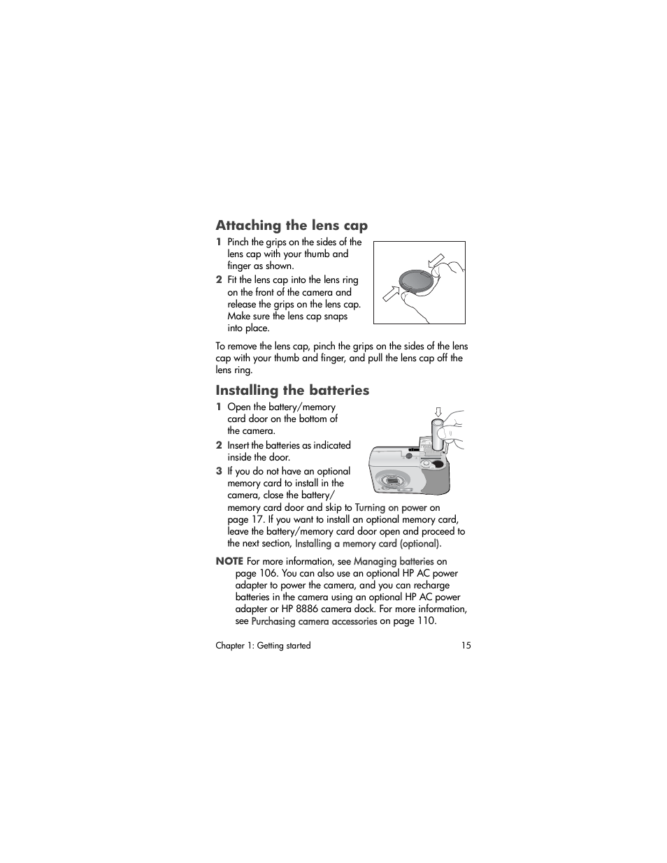 Attaching the lens cap, Installing the batteries | HP 630 series User Manual | Page 15 / 124