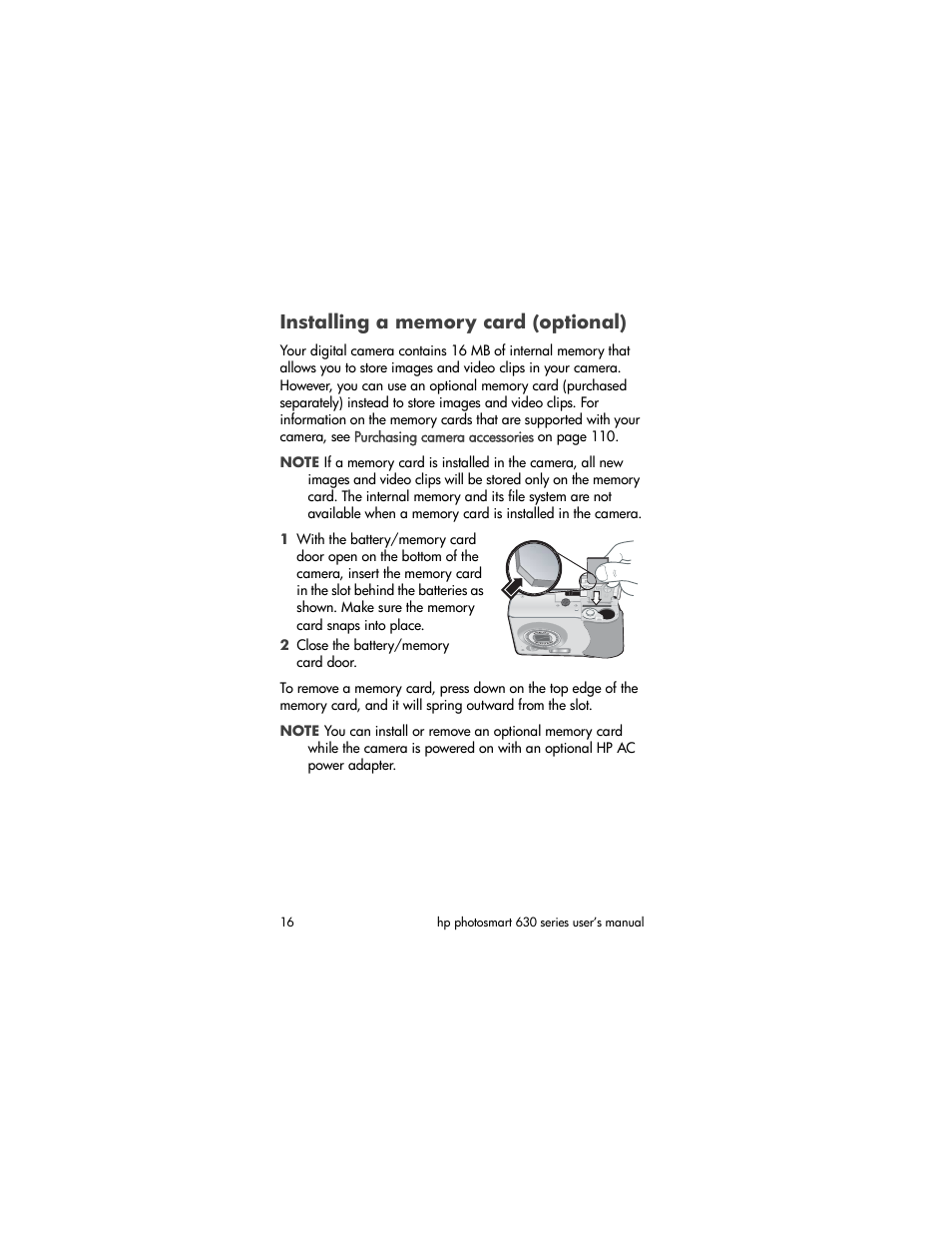 Installing a memory card (optional) | HP 630 series User Manual | Page 16 / 124