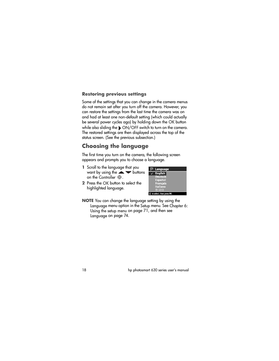 Restoring previous settings, Choosing the language | HP 630 series User Manual | Page 18 / 124