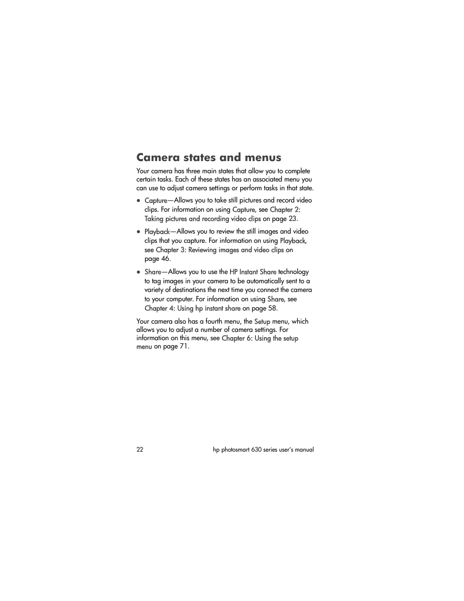 Camera states and menus | HP 630 series User Manual | Page 22 / 124