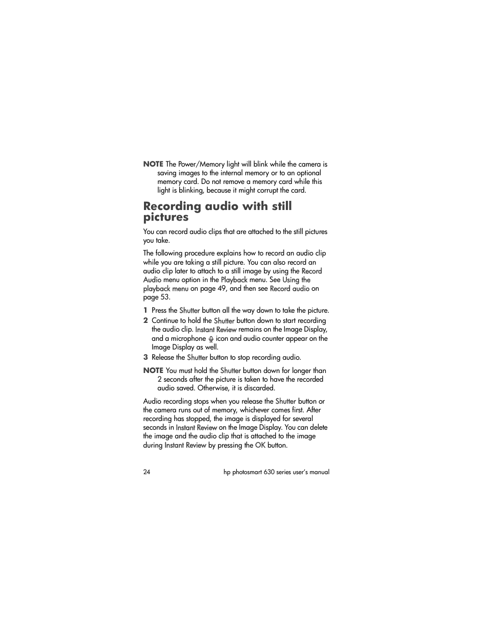 Recording audio with still pictures | HP 630 series User Manual | Page 24 / 124
