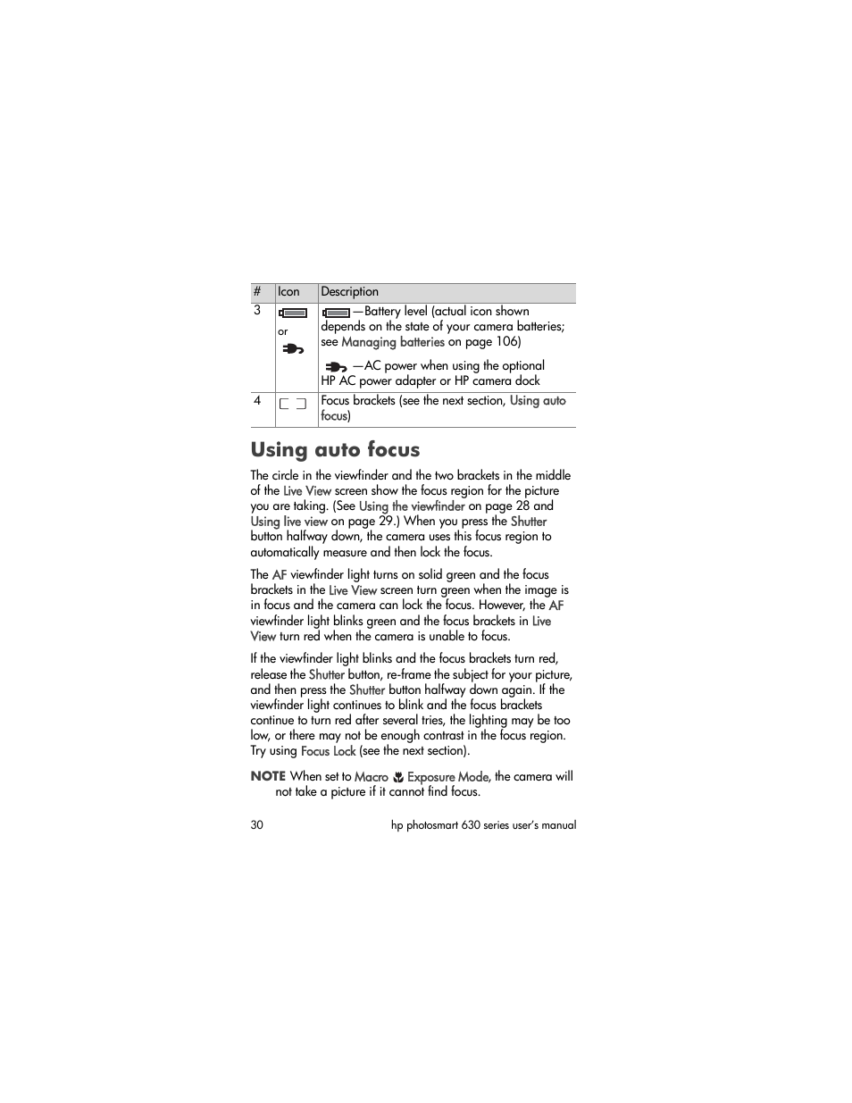 Using auto focus | HP 630 series User Manual | Page 30 / 124