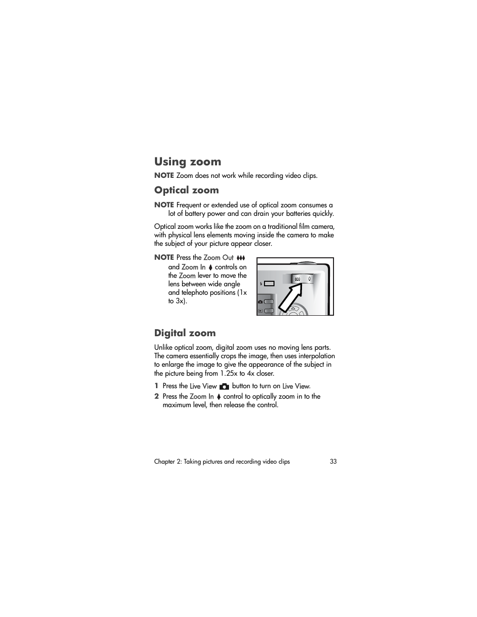 Using zoom, Optical zoom, Digital zoom | HP 630 series User Manual | Page 33 / 124