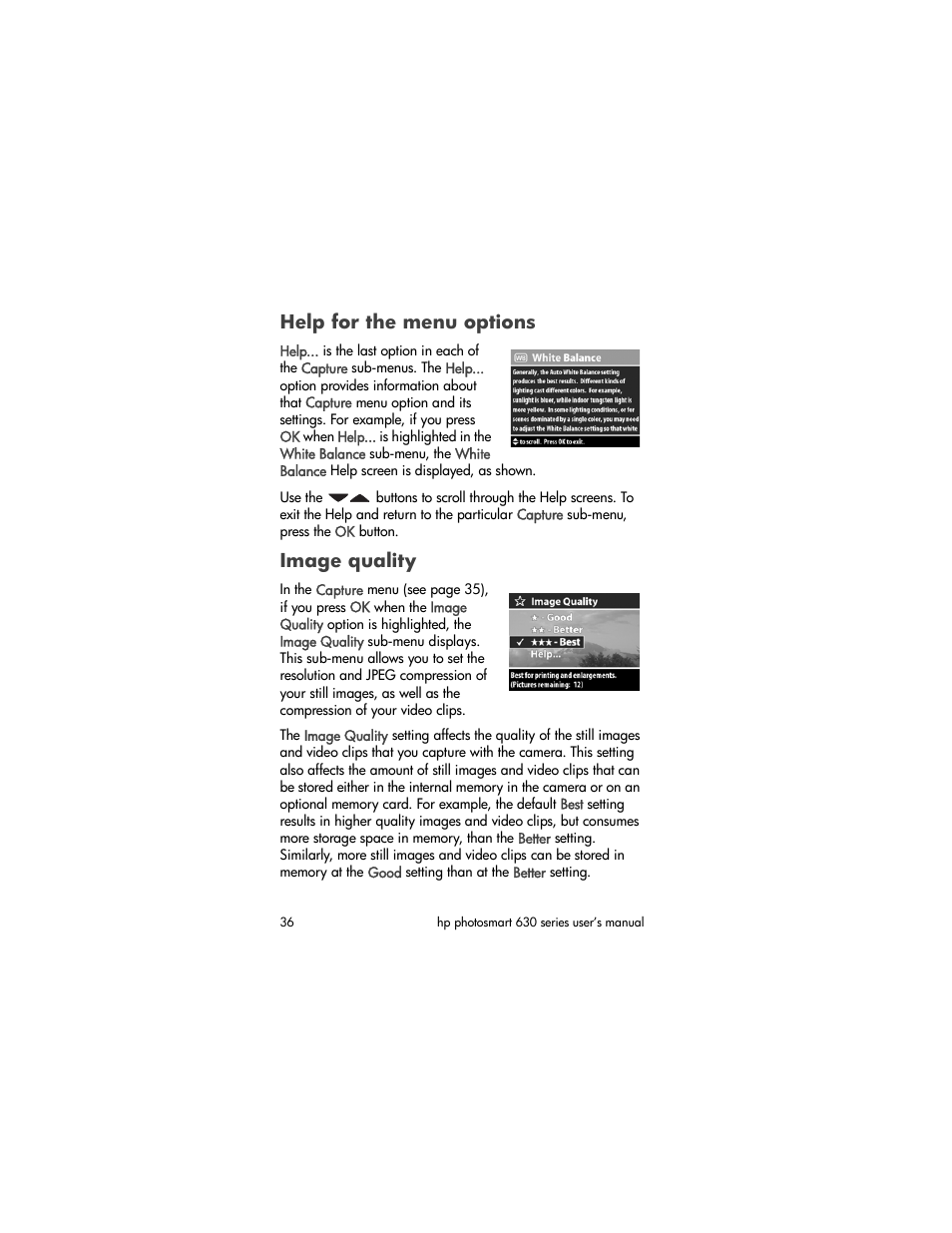Help for the menu options, Image quality | HP 630 series User Manual | Page 36 / 124