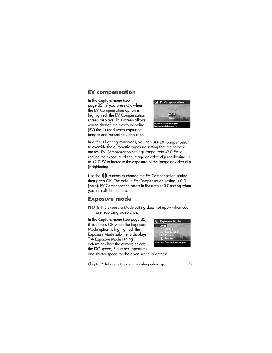 Ev compensation, Exposure mode | HP 630 series User Manual | Page 39 / 124