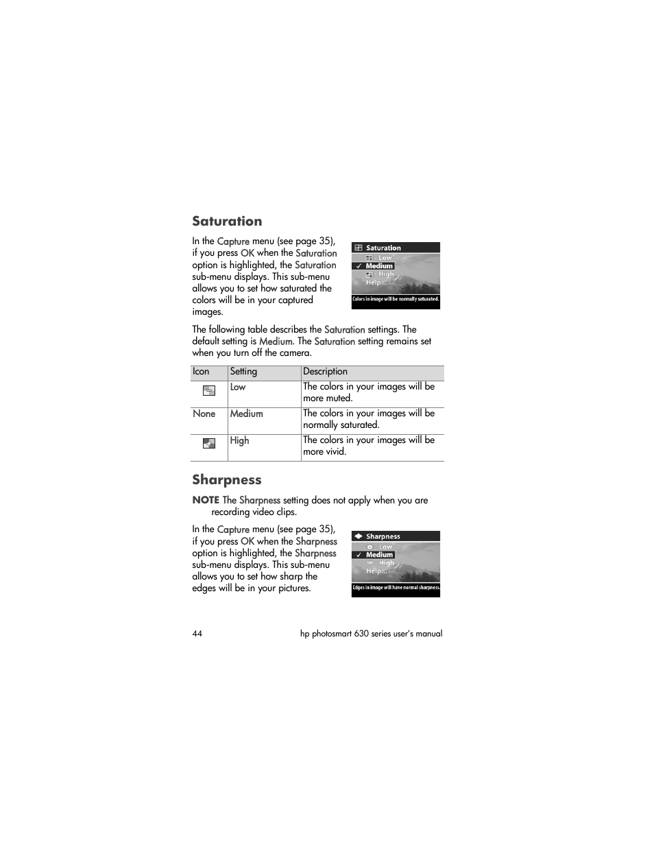 Saturation, Sharpness | HP 630 series User Manual | Page 44 / 124