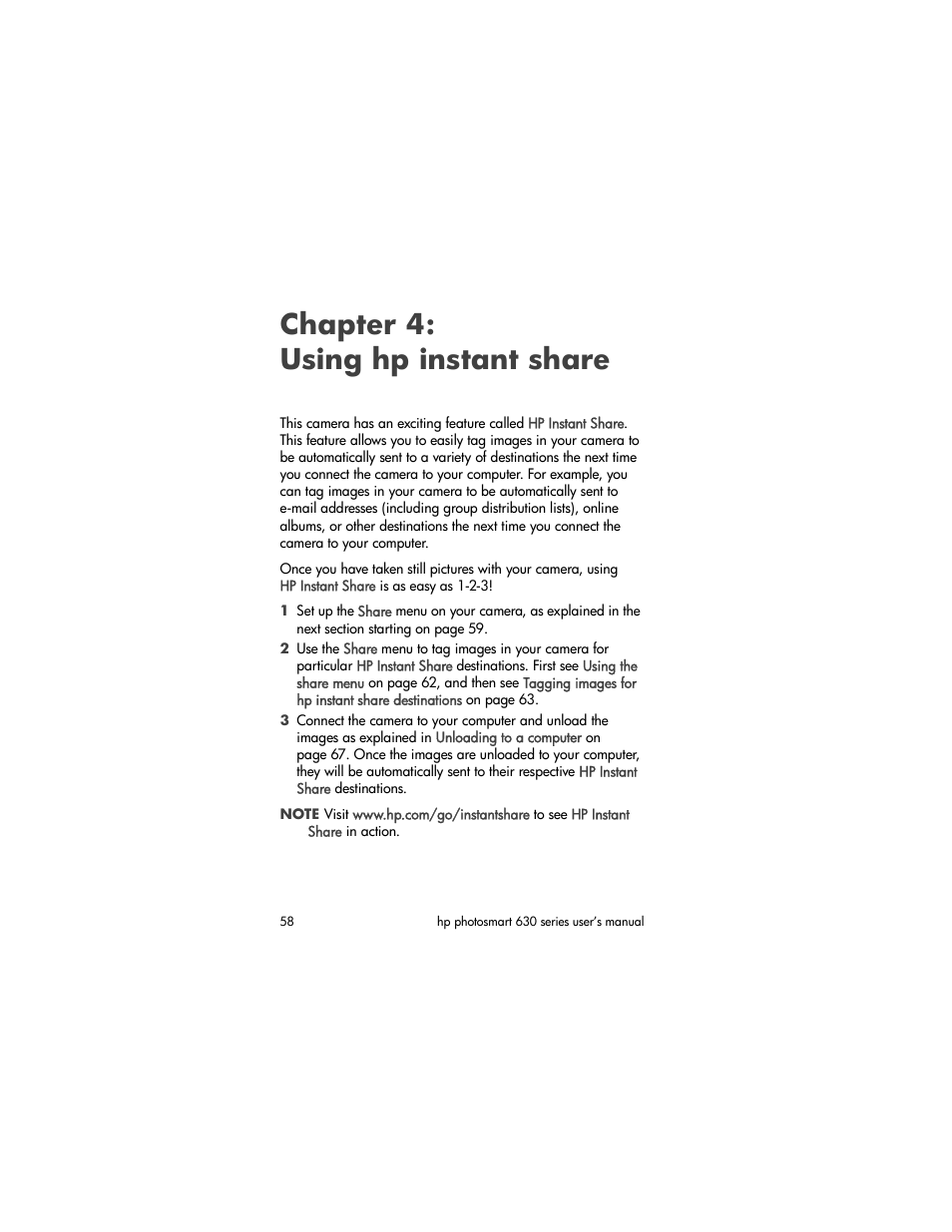 Chapter 4: using hp instant share, Chapter 4: using hp, Instant share | HP 630 series User Manual | Page 58 / 124