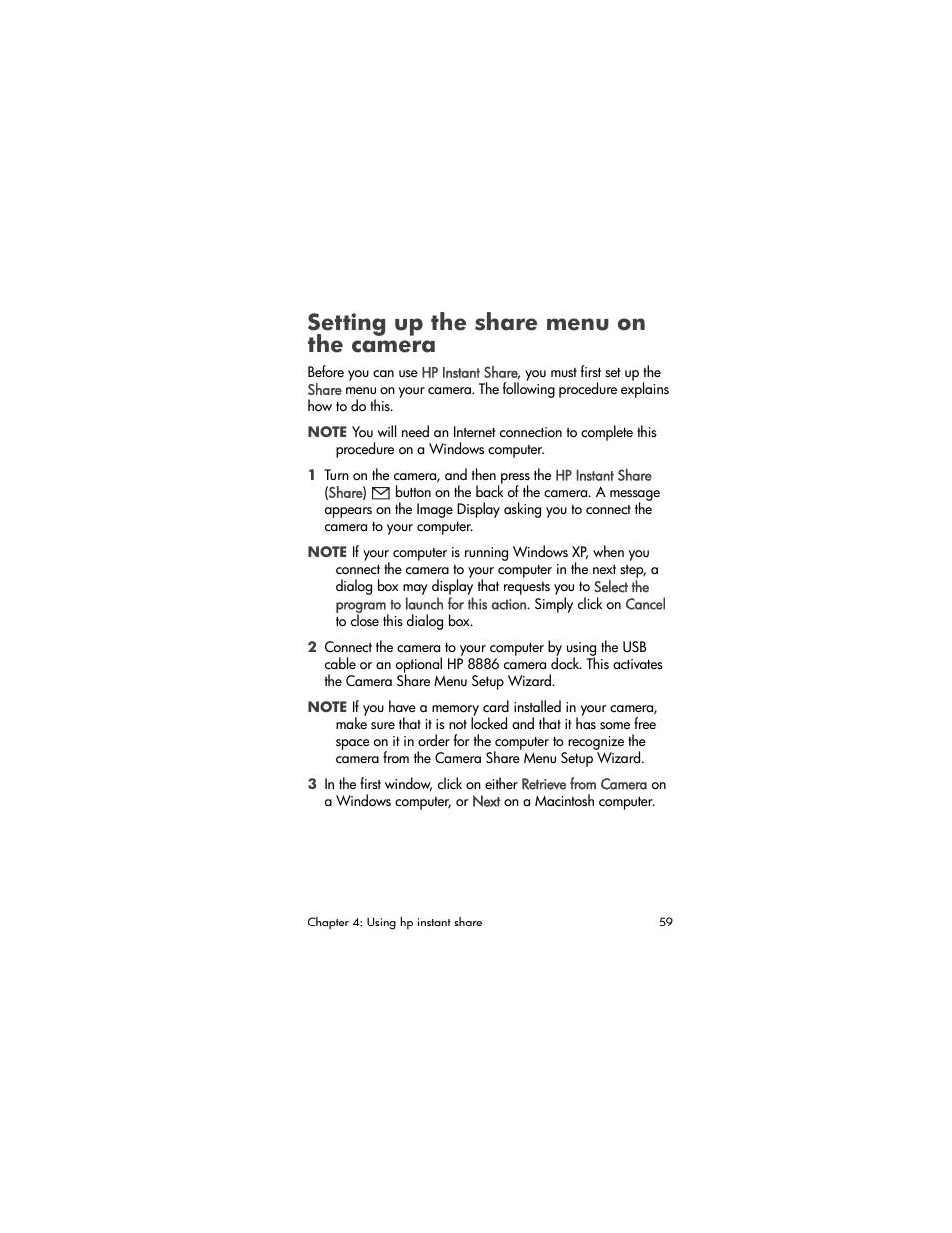 Setting up the share menu on the camera | HP 630 series User Manual | Page 59 / 124