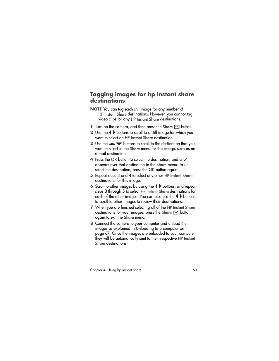Tagging images for hp instant share destinations, Tagging images for hp instant share, Destinations | Tagging images for, Hp instant share destinations | HP 630 series User Manual | Page 63 / 124