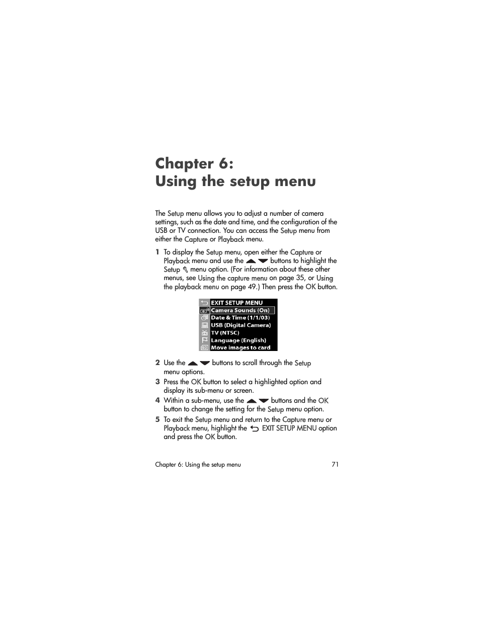 Chapter 6: using the setup menu, Chapter 6, Using the setup menu | Chapter 6: using the setup, Menu | HP 630 series User Manual | Page 71 / 124