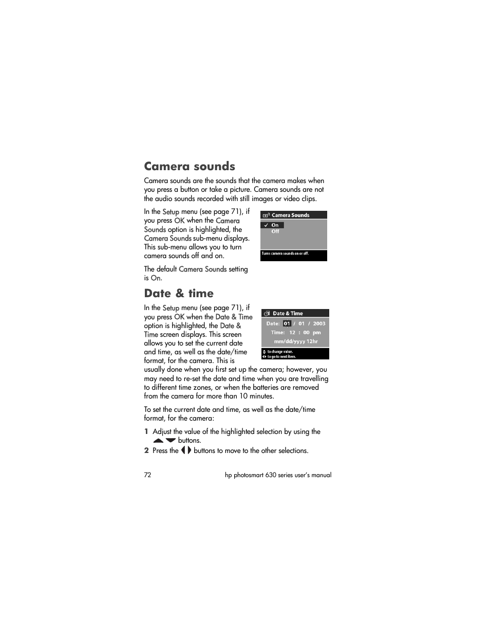 Camera sounds, Date & time | HP 630 series User Manual | Page 72 / 124