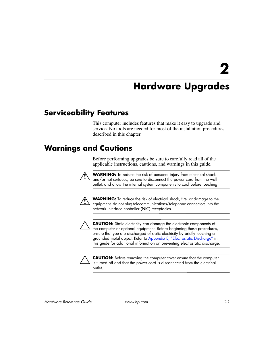 Hardware upgrades, Serviceability features, Warnings and cautions | 2 hardware upgrades | HP COMPAQ DC5100 User Manual | Page 11 / 55