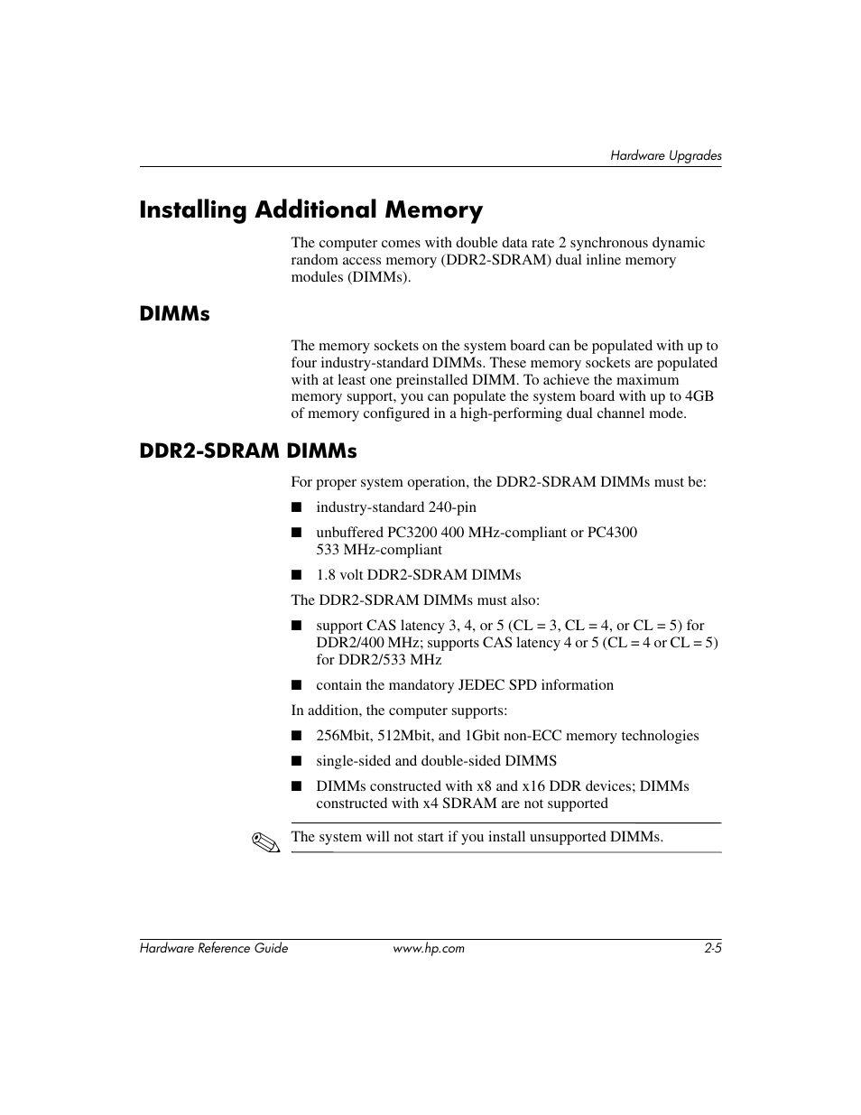 Installing additional memory, Dimms, Ddr2-sdram dimms | Installing additional memory –5, Dimms –5 ddr2-sdram dimms –5 | HP COMPAQ DC5100 User Manual | Page 15 / 55