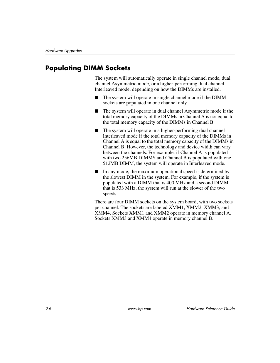 Populating dimm sockets, Populating dimm sockets –6 | HP COMPAQ DC5100 User Manual | Page 16 / 55