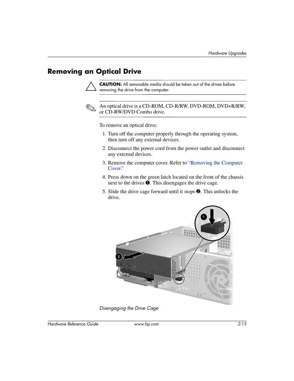 Removing an optical drive, Removing an optical drive –15 | HP COMPAQ DC5100 User Manual | Page 25 / 55