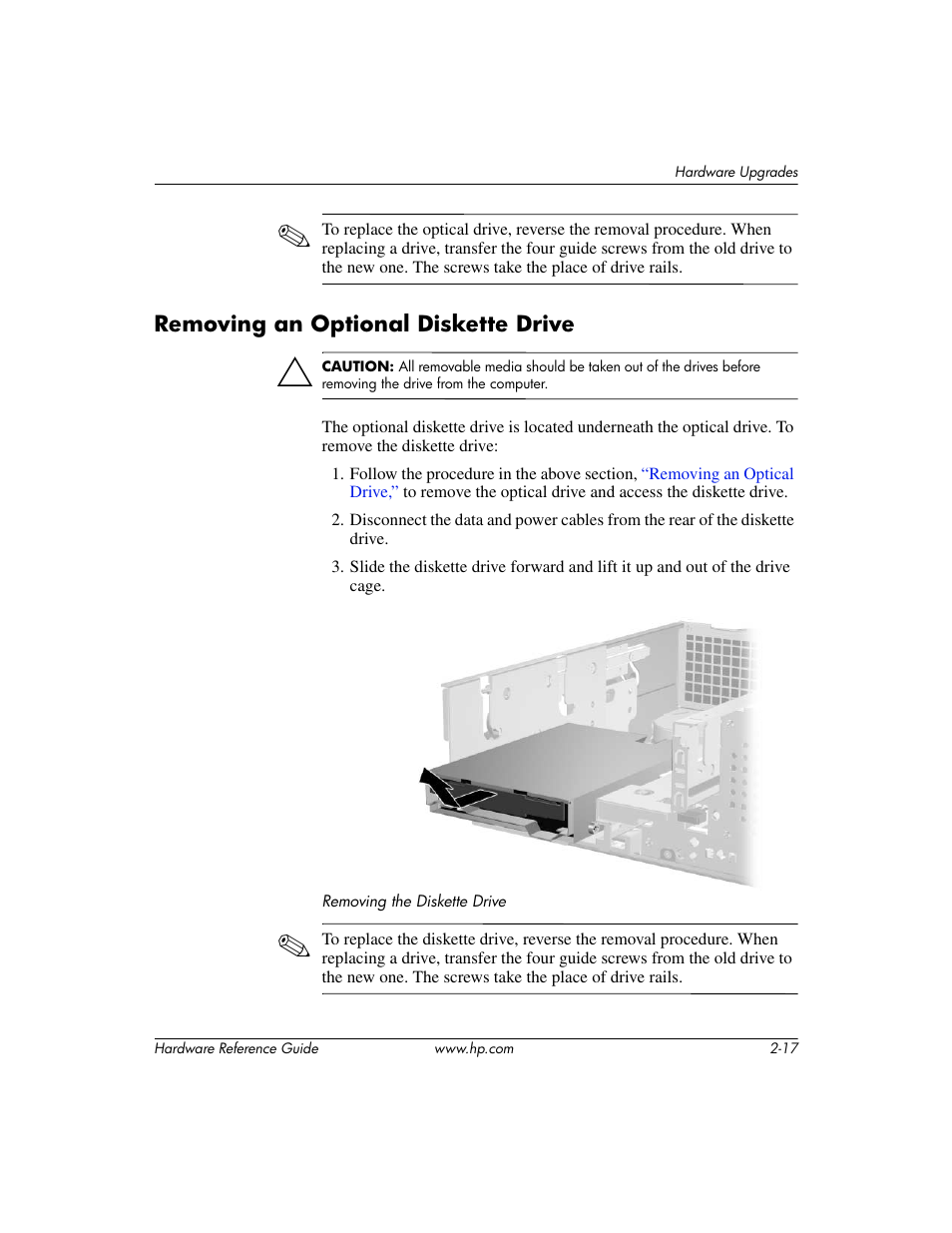 Removing an optional diskette drive, Removing an optional diskette drive –17 | HP COMPAQ DC5100 User Manual | Page 27 / 55