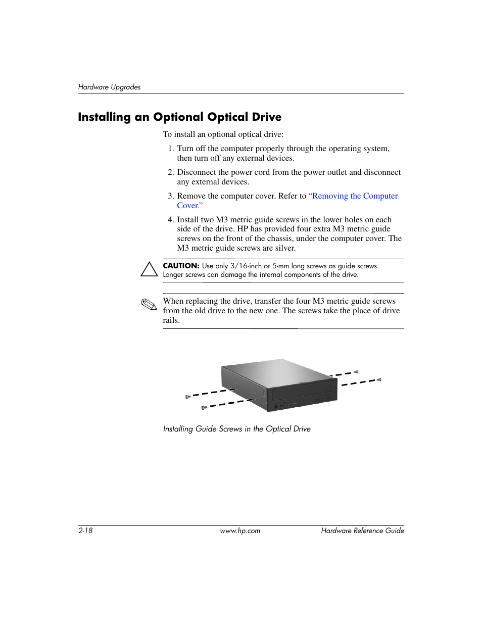 Installing an optional optical drive, Installing an optional optical drive –18 | HP COMPAQ DC5100 User Manual | Page 28 / 55