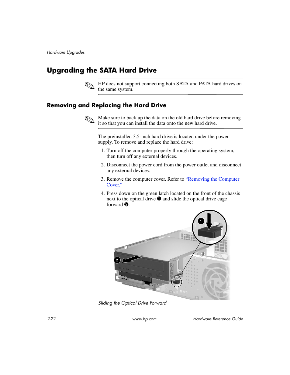 Upgrading the sata hard drive, Upgrading the sata hard drive –22 | HP COMPAQ DC5100 User Manual | Page 32 / 55
