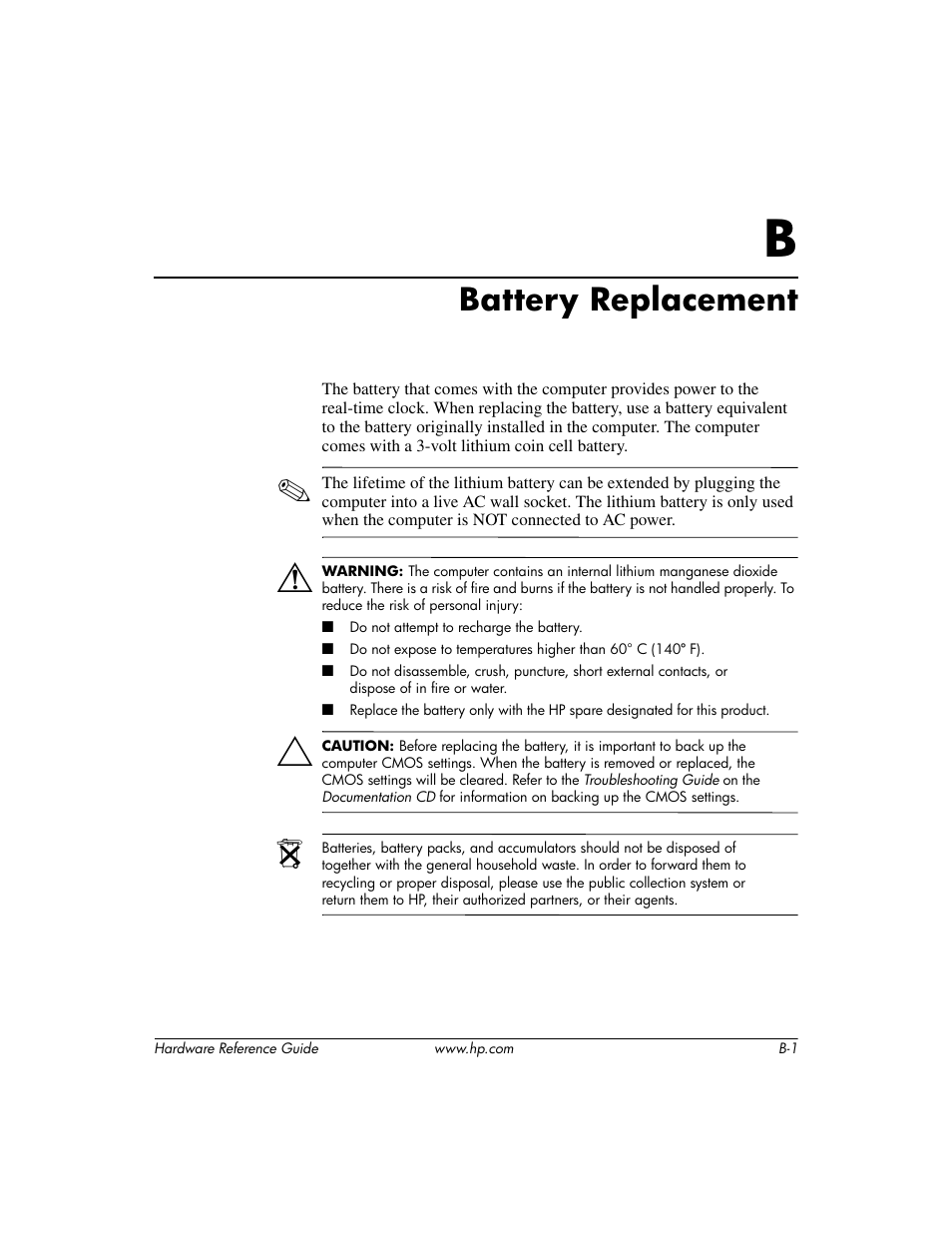 Battery replacement, B battery replacement | HP COMPAQ DC5100 User Manual | Page 41 / 55