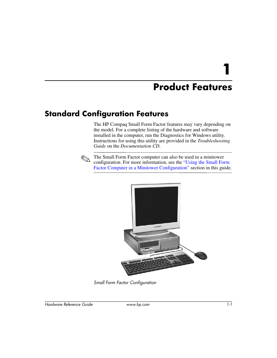 Product features, Standard configuration features, 1 product features | Standard configuration features –1 | HP COMPAQ DC5100 User Manual | Page 5 / 55