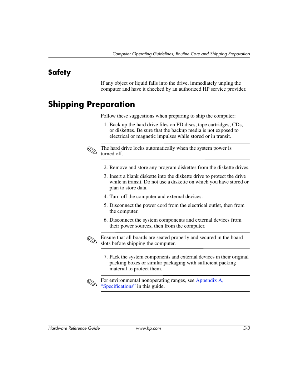 Safety, Shipping preparation | HP COMPAQ DC5100 User Manual | Page 50 / 55