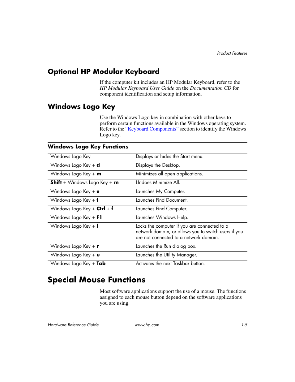 Optional hp modular keyboard, Windows logo key, Special mouse functions | Special mouse functions –5 | HP COMPAQ DC5100 User Manual | Page 9 / 55