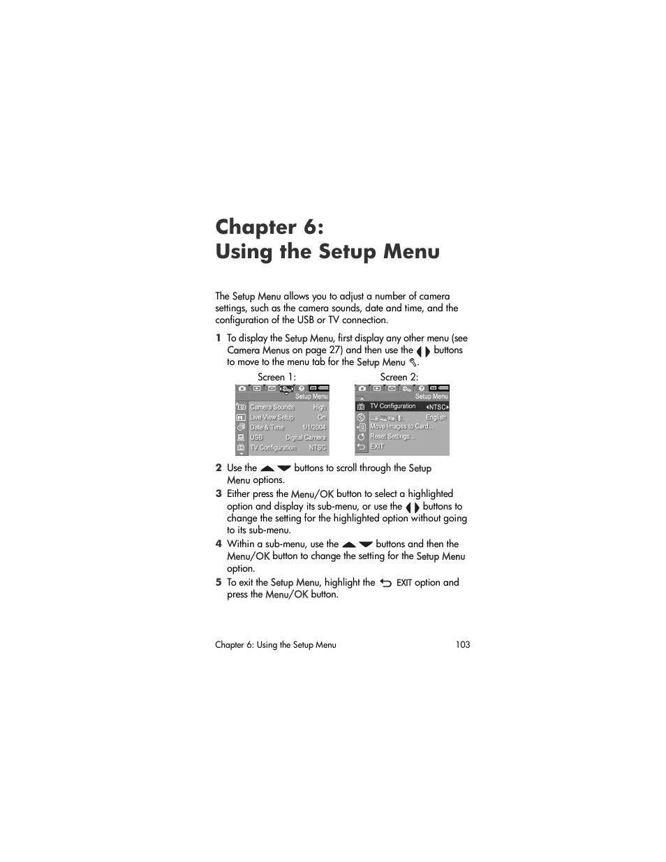 Chapter 6: using the setup menu, Chapter, Using the setup menu | Chapter 6: using the, Setup menu | HP R507 User Manual | Page 103 / 179