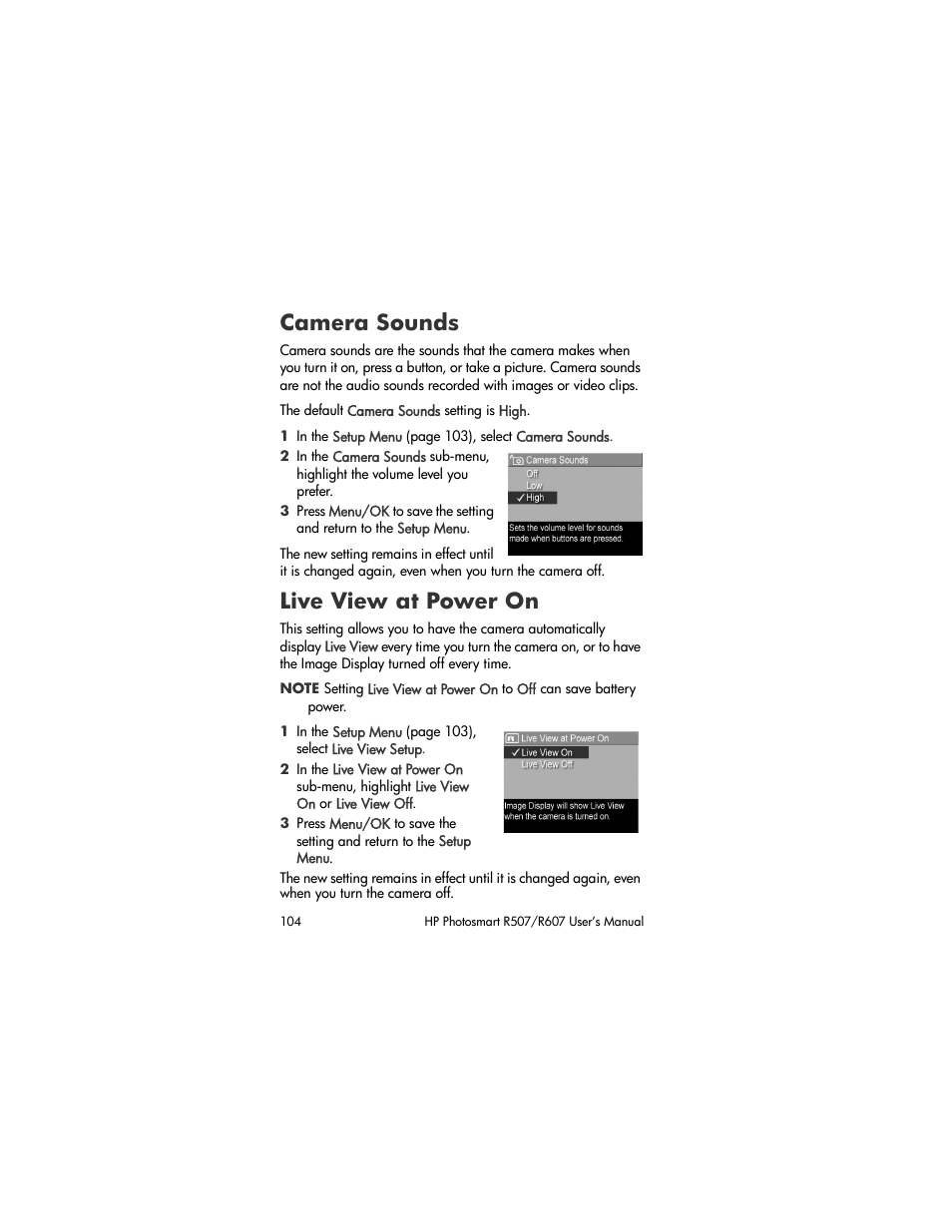Camera sounds, Live view at power on | HP R507 User Manual | Page 104 / 179
