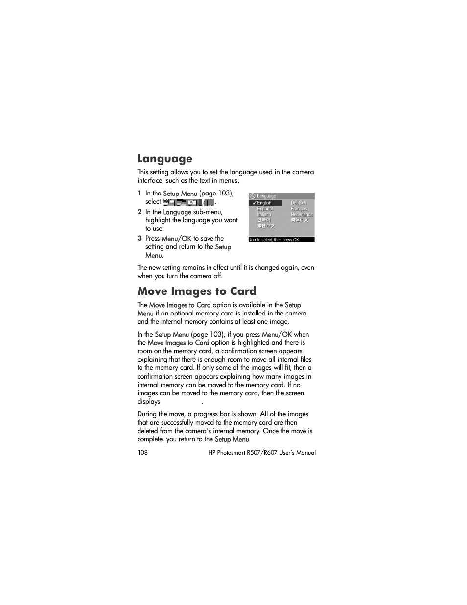 Language, Move images to card | HP R507 User Manual | Page 108 / 179