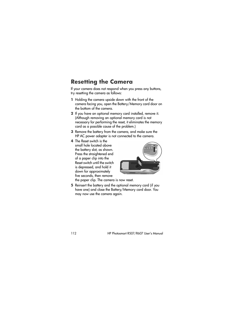 Resetting the camera | HP R507 User Manual | Page 112 / 179