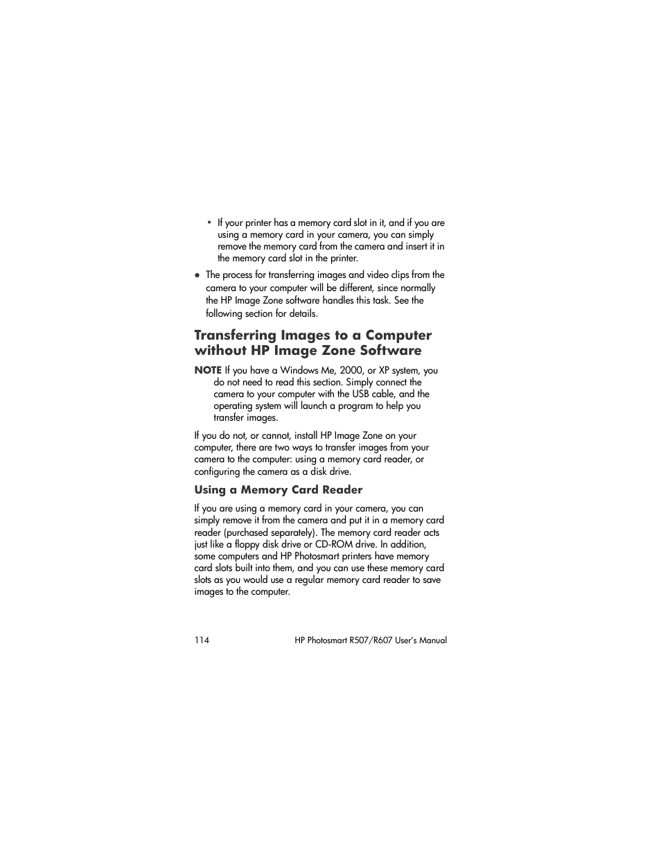 Using a memory card reader, Transferring images to a computer without, Hp image zone software | Software | HP R507 User Manual | Page 114 / 179