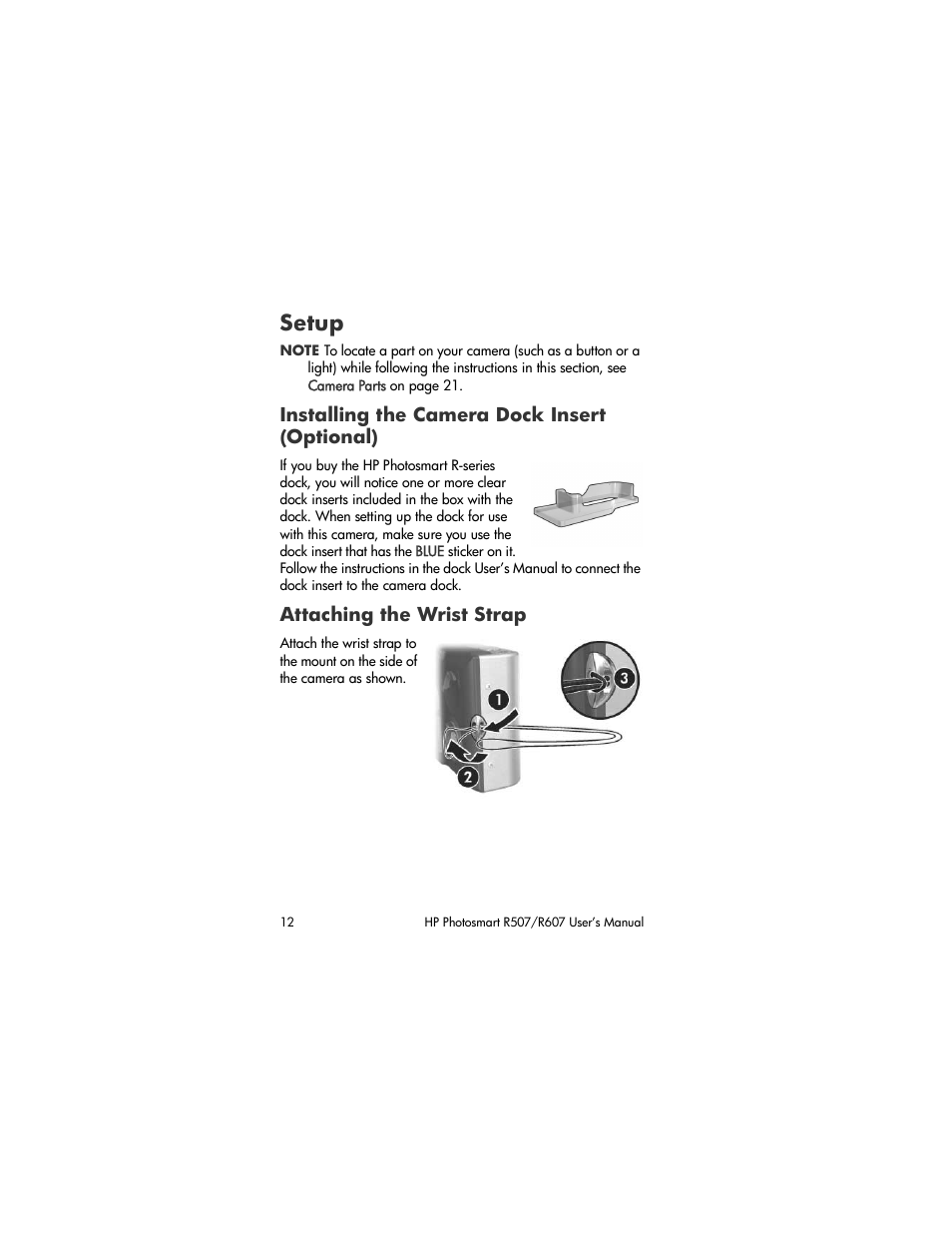 Setup, Installing the camera dock insert (optional), Attaching the wrist strap | HP R507 User Manual | Page 12 / 179