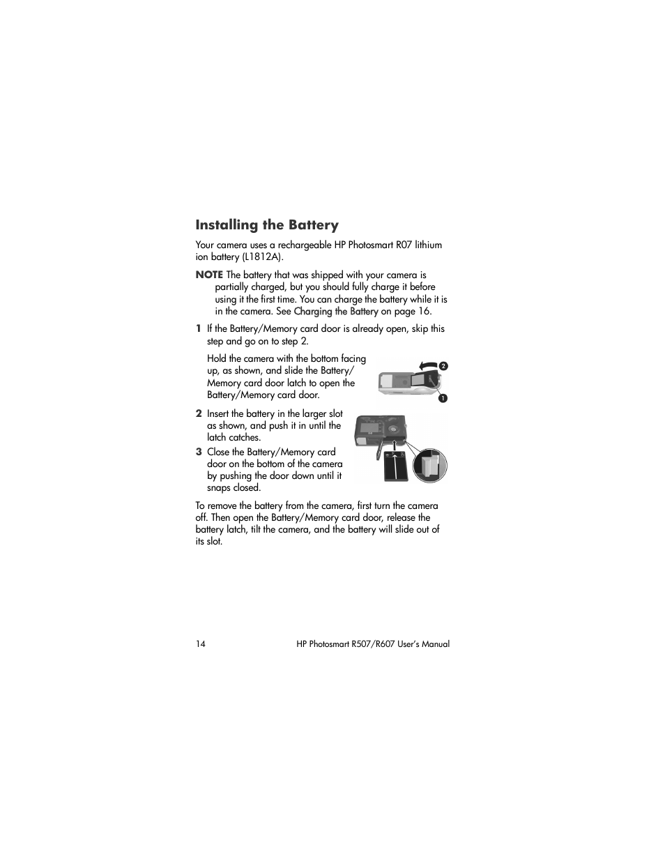 Installing the battery, Installing the, Battery | HP R507 User Manual | Page 14 / 179