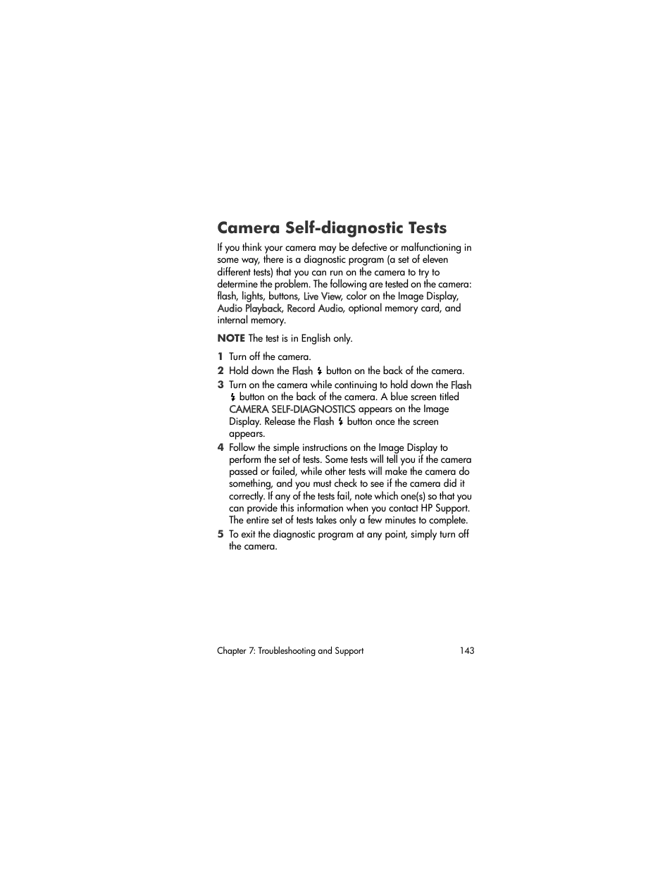 Camera self-diagnostic tests, Camera self-diagnostic, Tests | HP R507 User Manual | Page 143 / 179