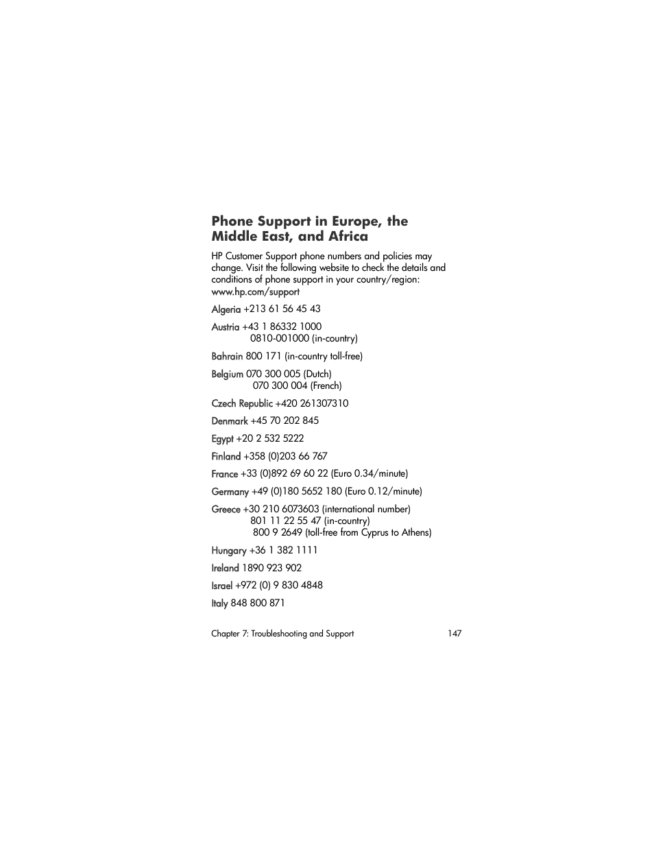 Phone support in europe, the middle east, And africa | HP R507 User Manual | Page 147 / 179