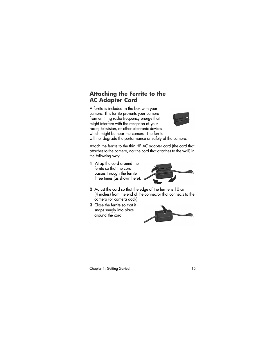 Attaching the ferrite to the ac adapter cord | HP R507 User Manual | Page 15 / 179