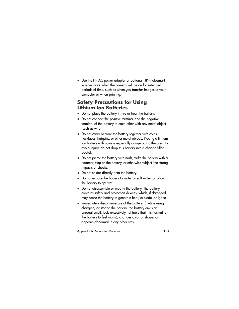 Safety precautions for using lithium ion batteries, Safety precautions for using, Lithium ion batteries | HP R507 User Manual | Page 153 / 179