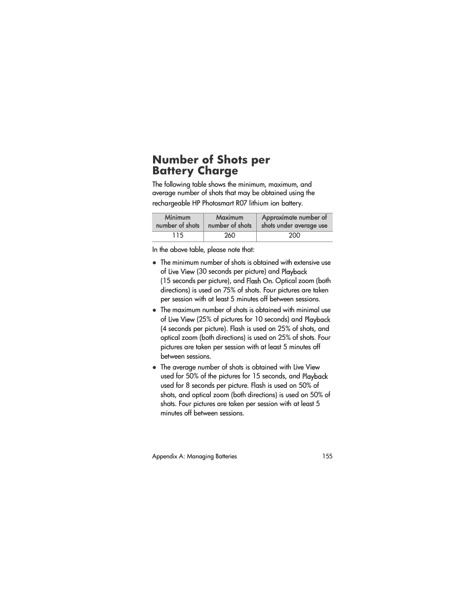 Number of shots per battery charge, Number of shots per, Battery charge | HP R507 User Manual | Page 155 / 179